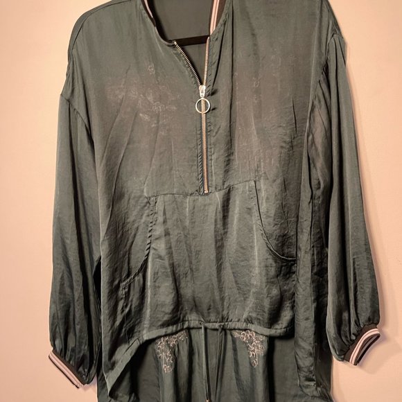 Zara Emerald Green Silk Embroidered Blouse Shirt 3/4 Zip, Small - Picture 12 of 16